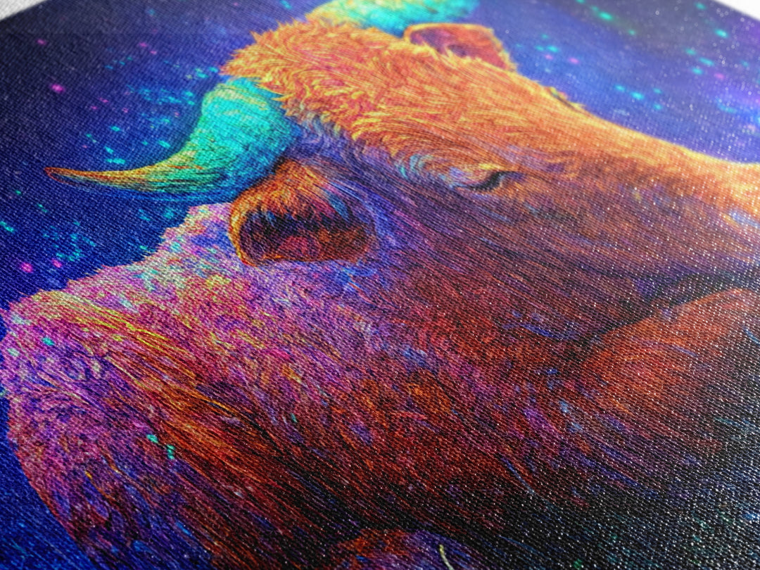 Sleeping Longhorn Cow Under Starry Sky Wall Art, Western Animal Canvas Print, Rustic Farmhouse Decor, Gift For Him, Home Decor