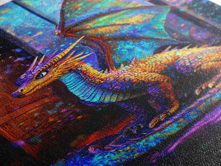 Iridescent Baby Dragon On Windowsill Wall Art, Fantasy Art, Whimsical Decor, Kids Room Art, Dragon Gift, Framed Canvas Print