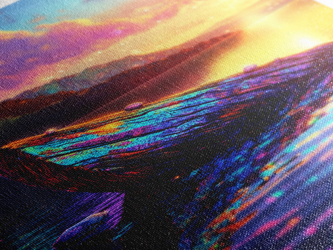 Iridescent Driftwood Boat On Mountain Lake Canvas Print, Sunset Landscape Art, Coastal Wall Decor, Colorful Nature Print