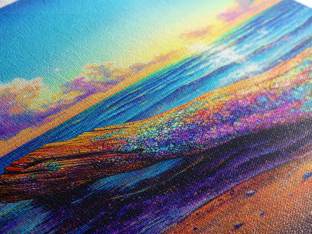 Rainbow Driftwood Log On Sunny Ocean Beach Canvas Print, Coastal Wall Art, Seascape Decor, Beach House Art, Large Wall Decor