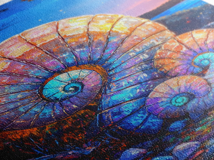 Glowing Nautilus Shells By Twilight Lake Framed Canvas Print, Coastal Wall Art, Seashell Decor, Beach House Gift, Ocean Wall Decor