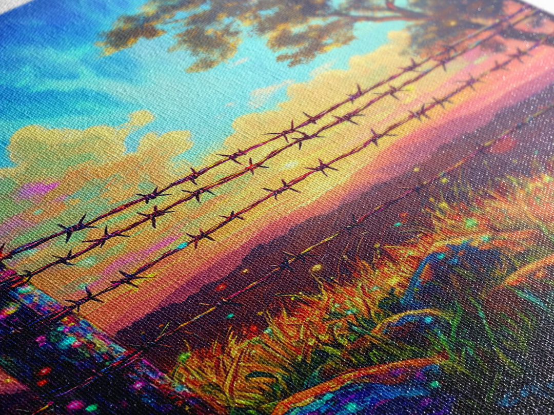 Barbed Wire Fence At Sunset Meadow Canvas Print, Rustic Western Wall Art, Farmhouse Decor, Country Landscape Housewarming Gift