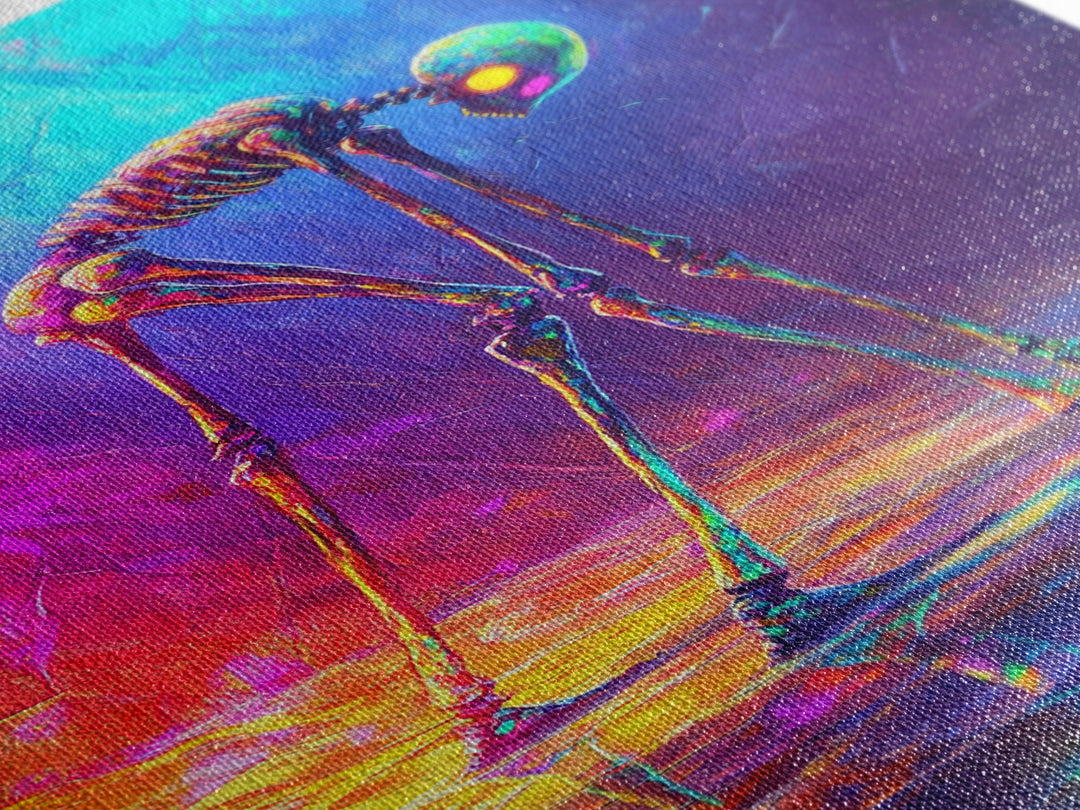 Neon Rainbow Skeleton Walker Framed Canvas Print, Surreal Dark Art, Gothic Wall Decor, Dystopian Sci Fi Artwork Gift For Him