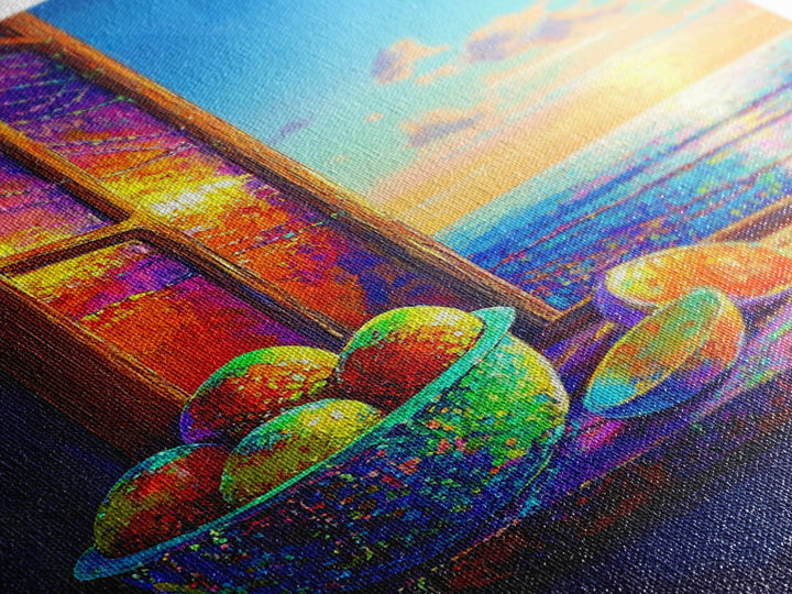 Sunlit Oranges By Ocean Window Canvas Print, Coastal Kitchen Wall Art, Beach House Decor, Vibrant Fruit Still Life Gift For Her