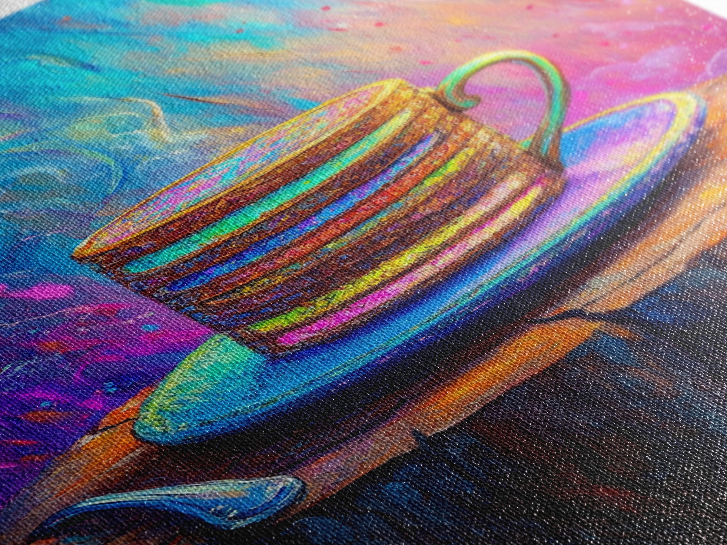 Steaming Rainbow Coffee Cup On Rustic Stump Canvas Print, Cozy Kitchen Wall Art, Coffee Bar Decor, Gift For Coffee Lover