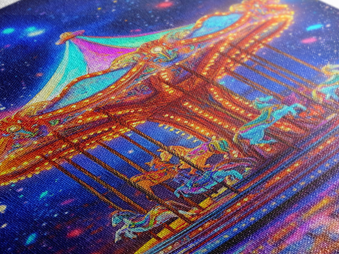 Glowing Carousel Horses Under Starry Sky Canvas Print, Whimsical Wall Art, Nursery Decor, Fantasy Art, Kids Room Decor Gift