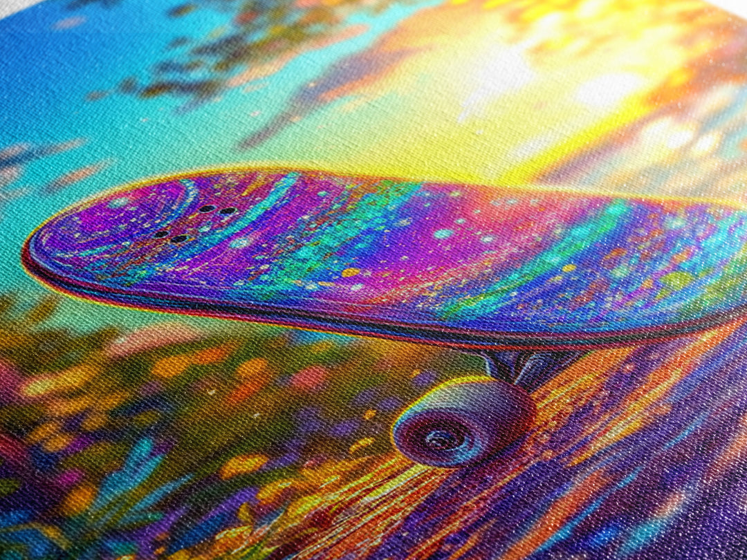 Rainbow Glitter Skateboard At Golden Sunset Wall Art, Canvas Print, Colorful Teen Room Decor, Skateboard Poster, Unique Gift