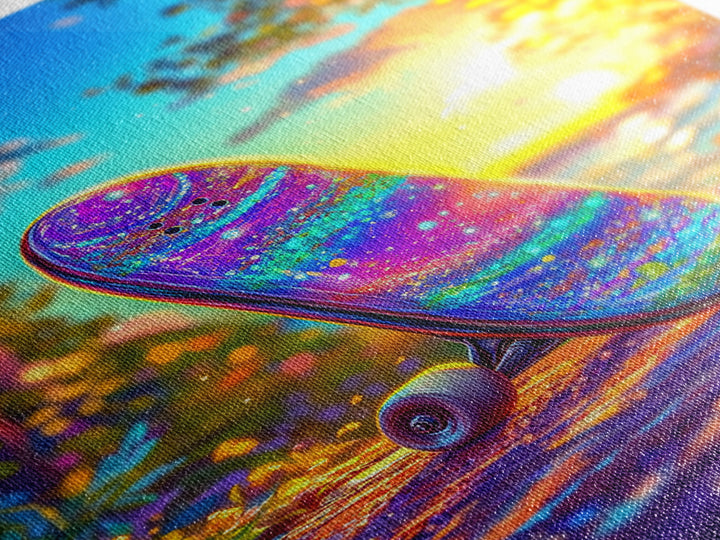 Rainbow Glitter Skateboard At Golden Sunset Wall Art, Canvas Print, Colorful Teen Room Decor, Skateboard Poster, Unique Gift