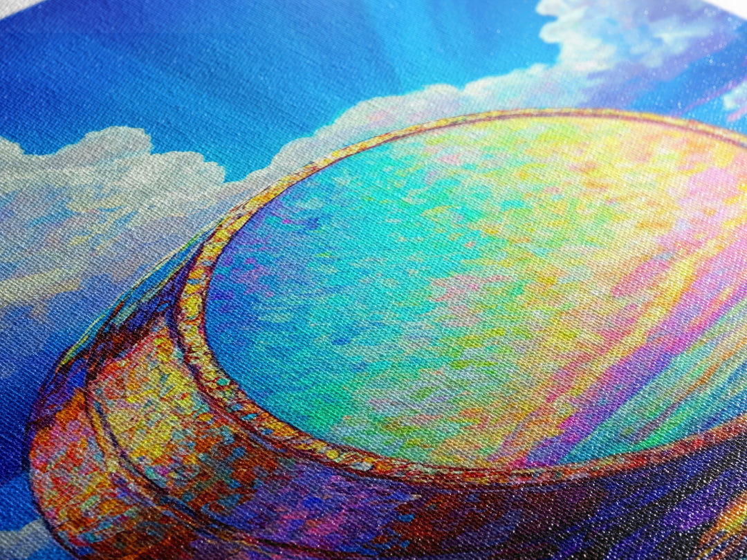 Iridescent Ocean Drum Under Blue Sky Canvas Print, Coastal Wall Art, Music Room Decor, Seascape Art Print, Colorful Gift