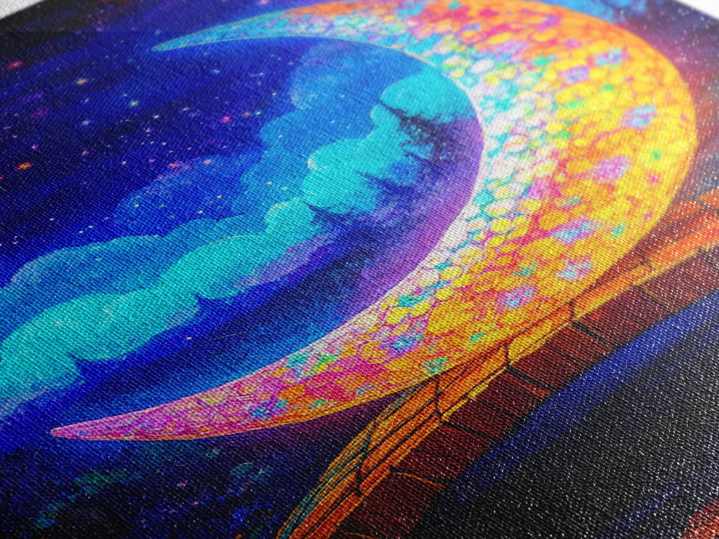Glowing Crescent Moon Bridge Wall Art, Celestial Canvas Print, Fantasy Nursery Decor, Whimsical Night Sky Art Gift For Kids Room