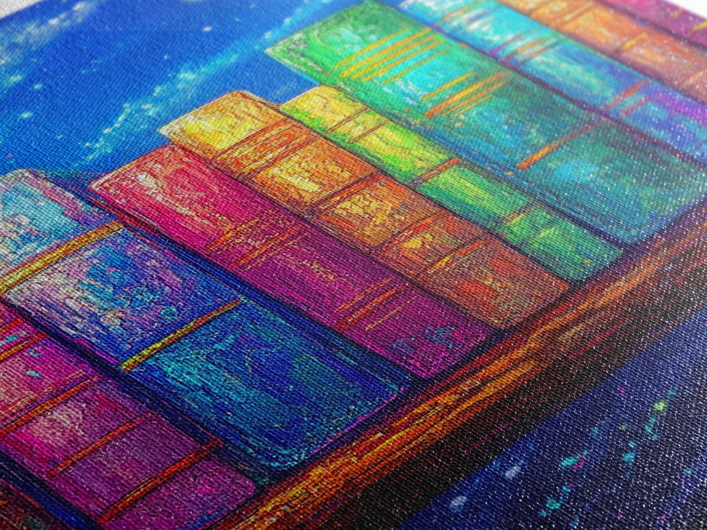 Rainbow Books Under Starry Sky Wall Art, Colorful Library Canvas Print, Book Lover Gift, Reading Nook Home Office Decor Print