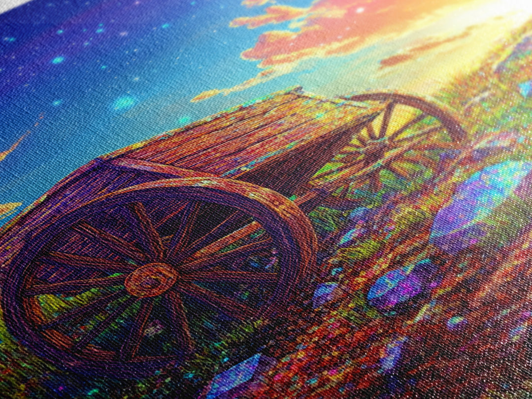 Rustic Wooden Wagon In Starry Meadow Wall Art, Colorful Country Landscape Canvas Print, Western Farmhouse Decor Housewarming Gift