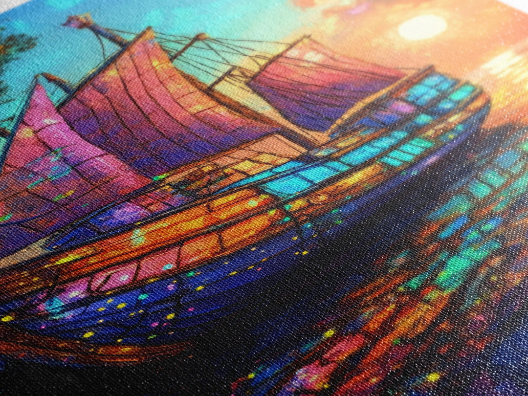 Stained Glass Sailboat At Sunset Canvas Print, Coastal Wall Art, Nautical Decor, Ocean Seascape Living Room Wall Art, Beach House Decor