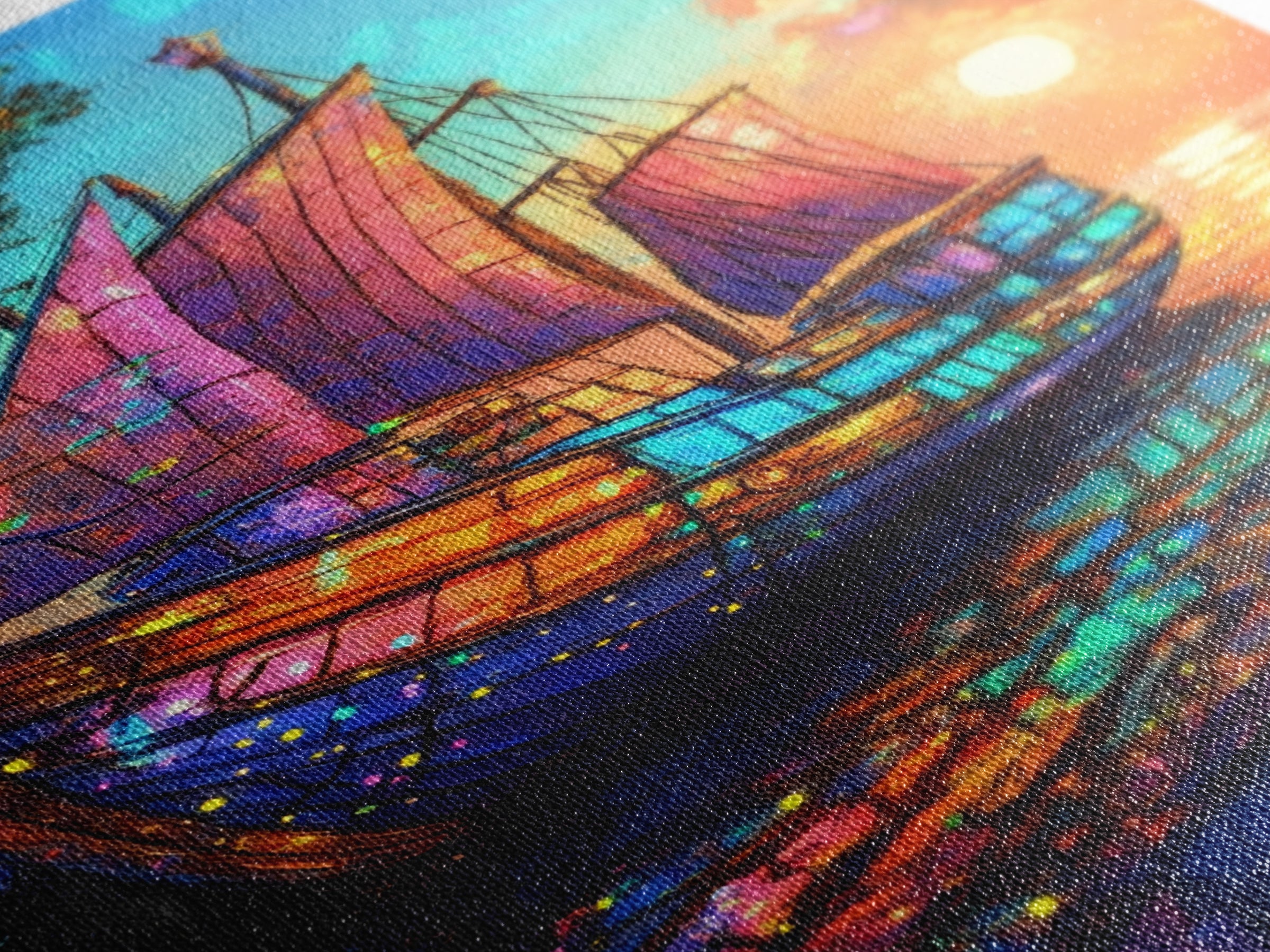 Stained Glass Sailboat At Sunset Canvas Print, Coastal Wall Art, Nautical Decor, Ocean Seascape Living Room Wall Art, Beach House Decor