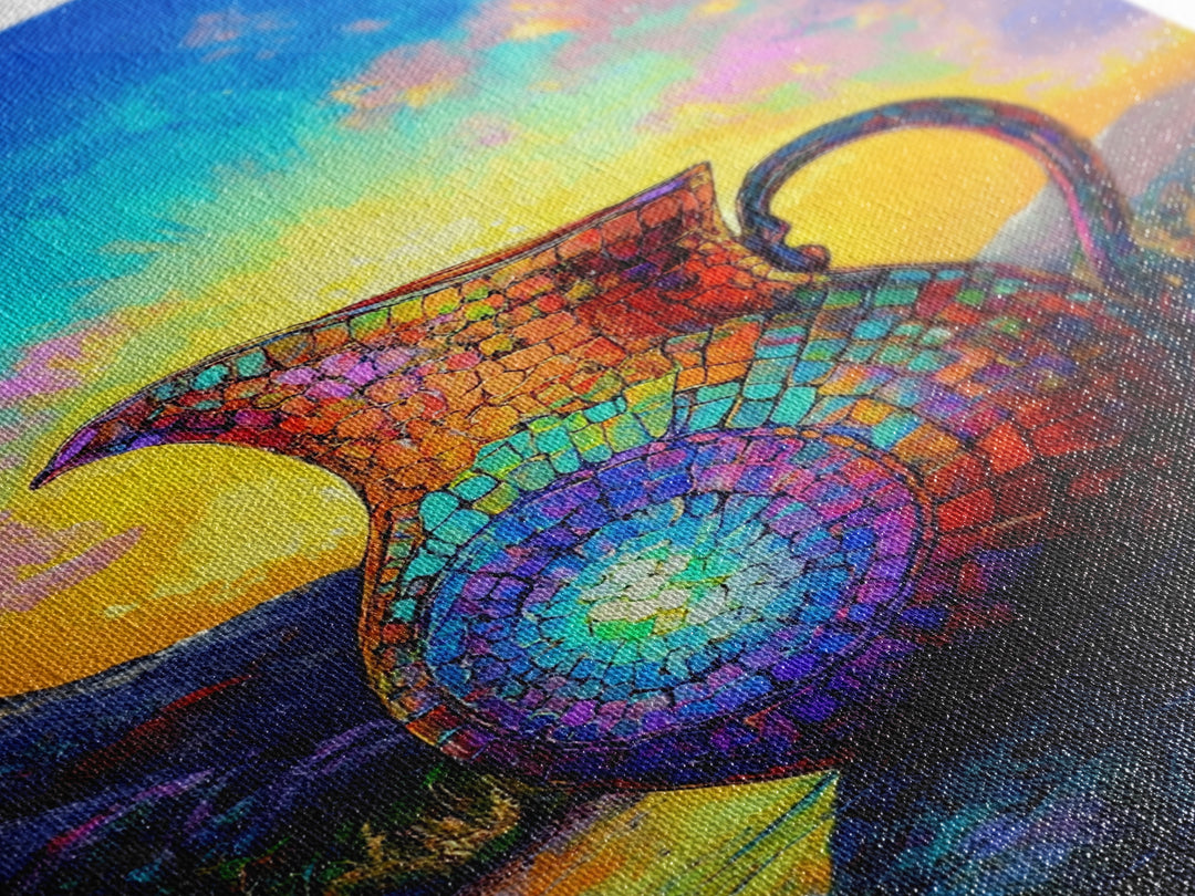 Mosaic Rainbow Pitcher At Sunrise Framed Canvas Print, Colorful Wall Art, Southwestern Decor, Mountain Landscape Painting
