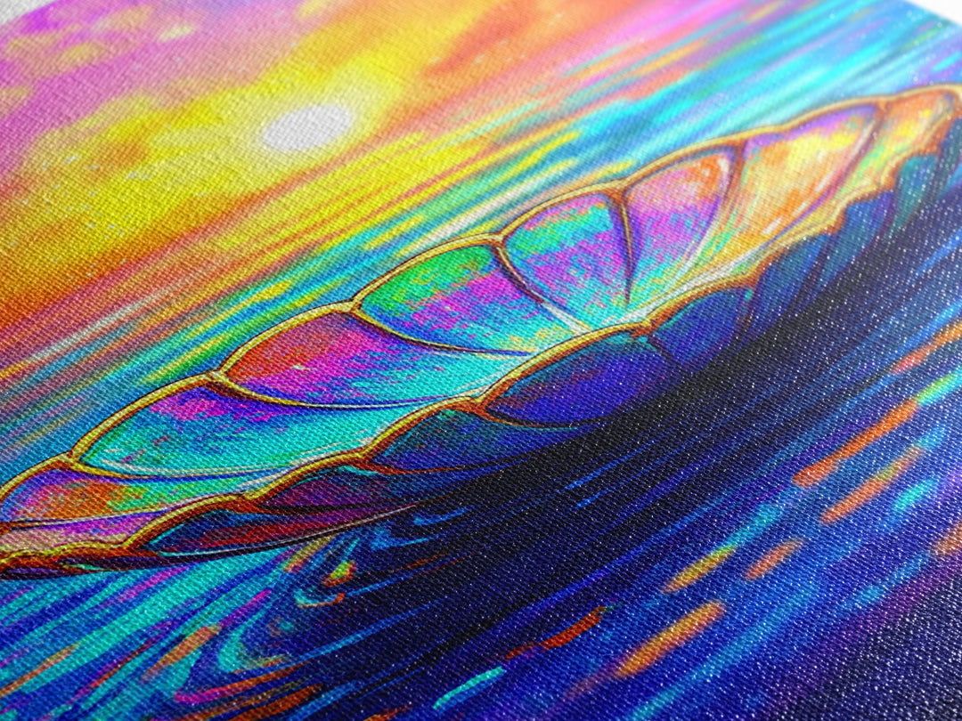 Iridescent Shell Bowl At Ocean Sunset Wall Art, Coastal Decor, Beach House Art, Colorful Seascape Canvas Print, Living Room Wall Art