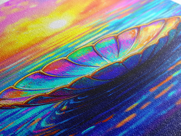 Iridescent Shell Bowl At Ocean Sunset Wall Art, Coastal Decor, Beach House Art, Colorful Seascape Canvas Print, Living Room Wall Art