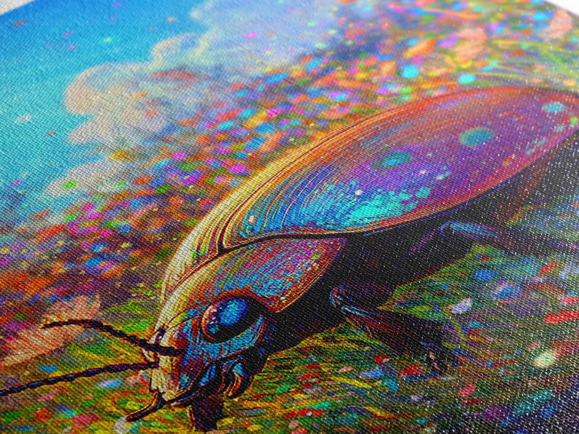 Rainbow Ladybug In Sunlit Wildflower Meadow Canvas Print, Whimsical Animal Art, Nature Wall Art, Bright Colorful Nursery Decor