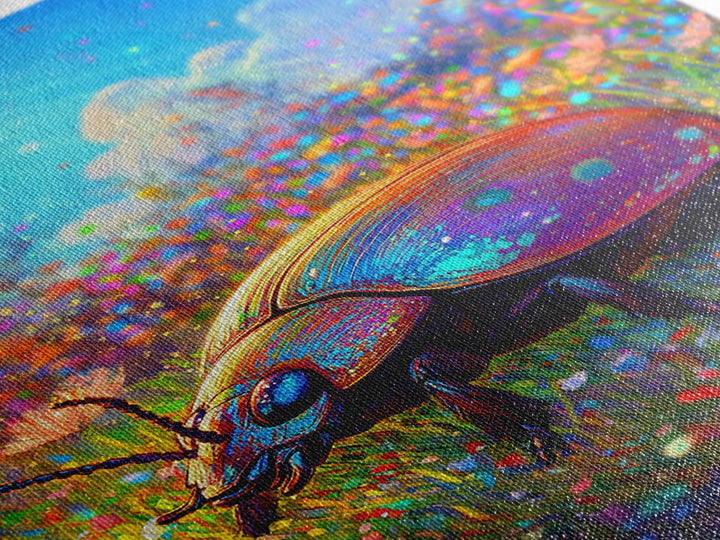 Rainbow Ladybug In Sunlit Wildflower Meadow Canvas Print, Whimsical Animal Art, Nature Wall Art, Bright Colorful Nursery Decor