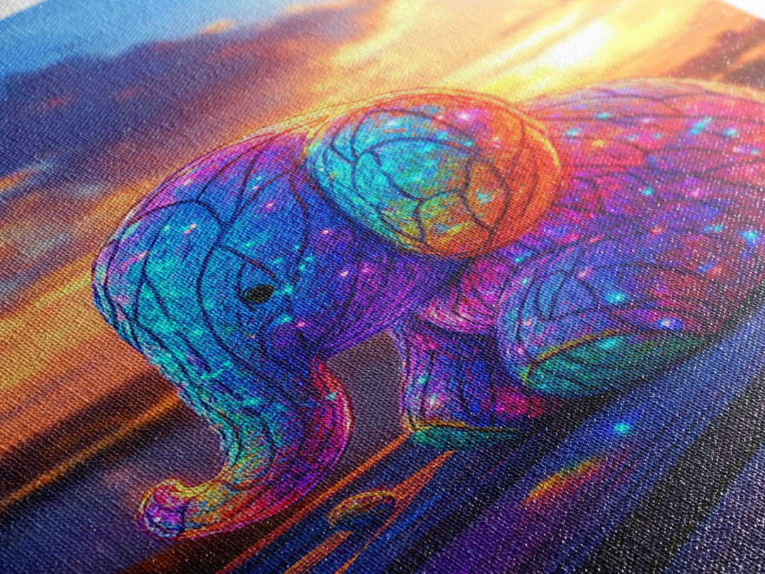 Glowing Rainbow Baby Elephant At Sunset Wall Art, Whimsical Animal Art, Nursery Wall Art, Colorful Kids Room Decor Cute Gift