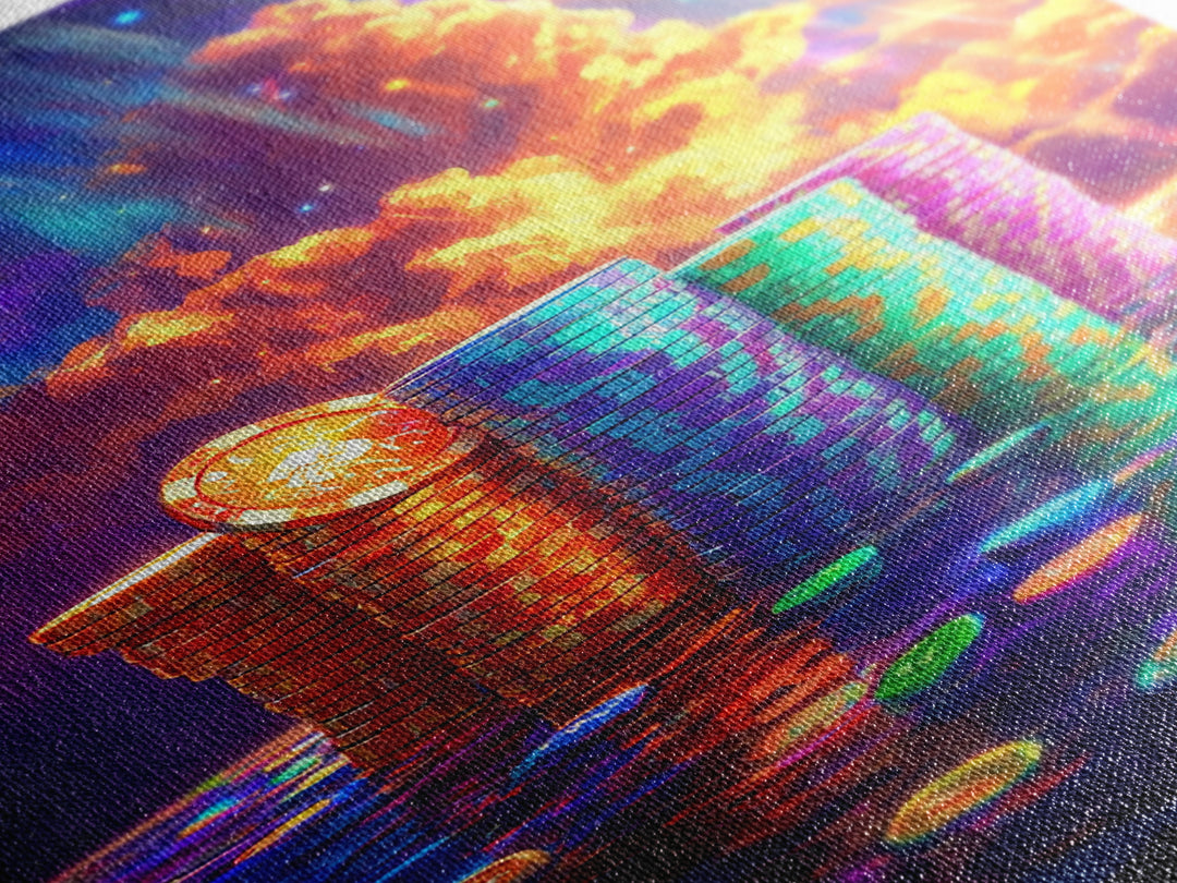Glowing Crypto Coin Stacks Under Cosmic Sky Canvas Print, Bitcoin Art, Neon Wall Art, Gamer Room Decor, Gift For Him, Modern Art