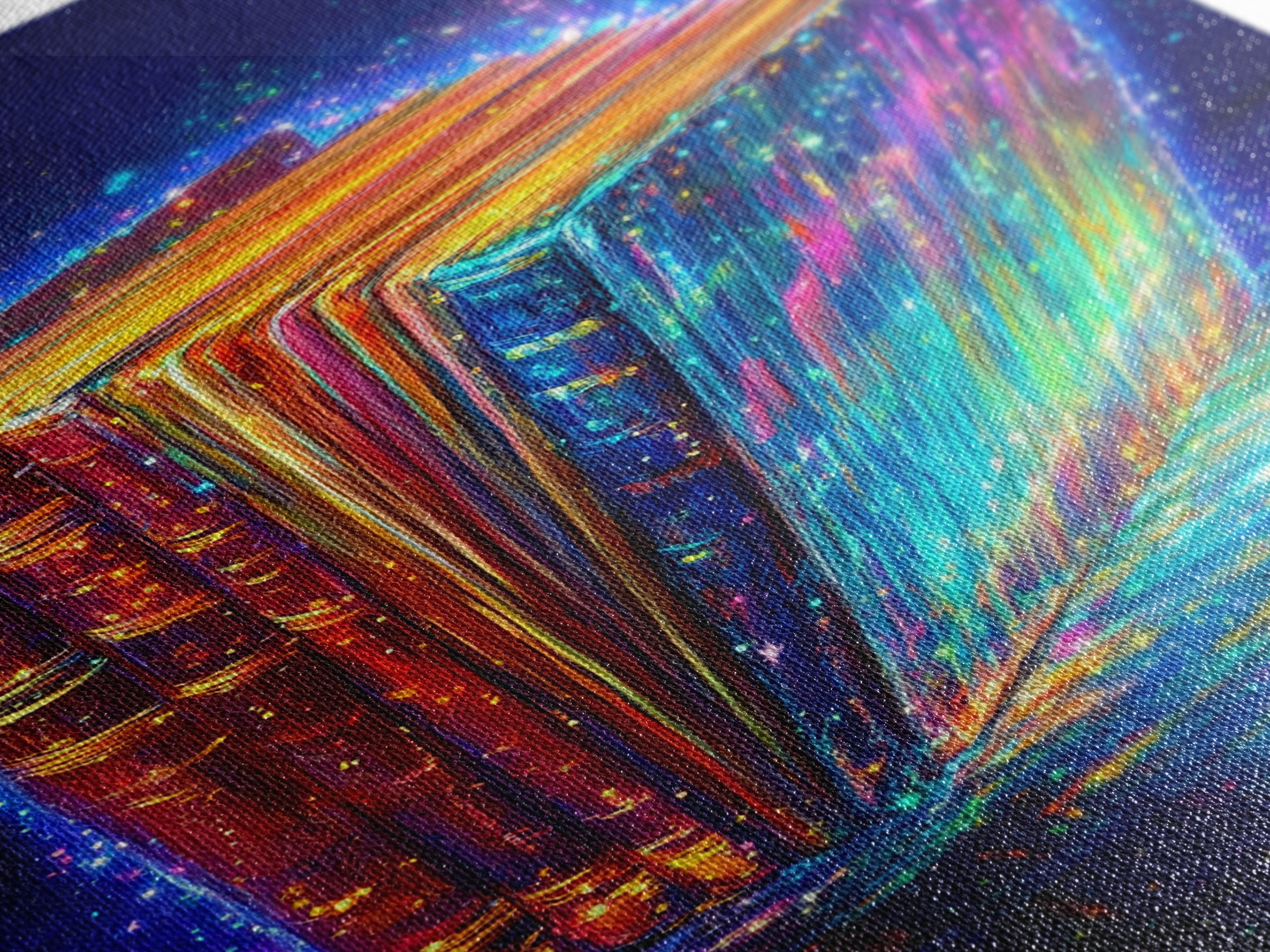 Glowing Rainbow Books With Sparkling Magic Wall Art, Library Decor, Book Lover Gift, Dark Academia, Fantasy Art Print, Home Decor