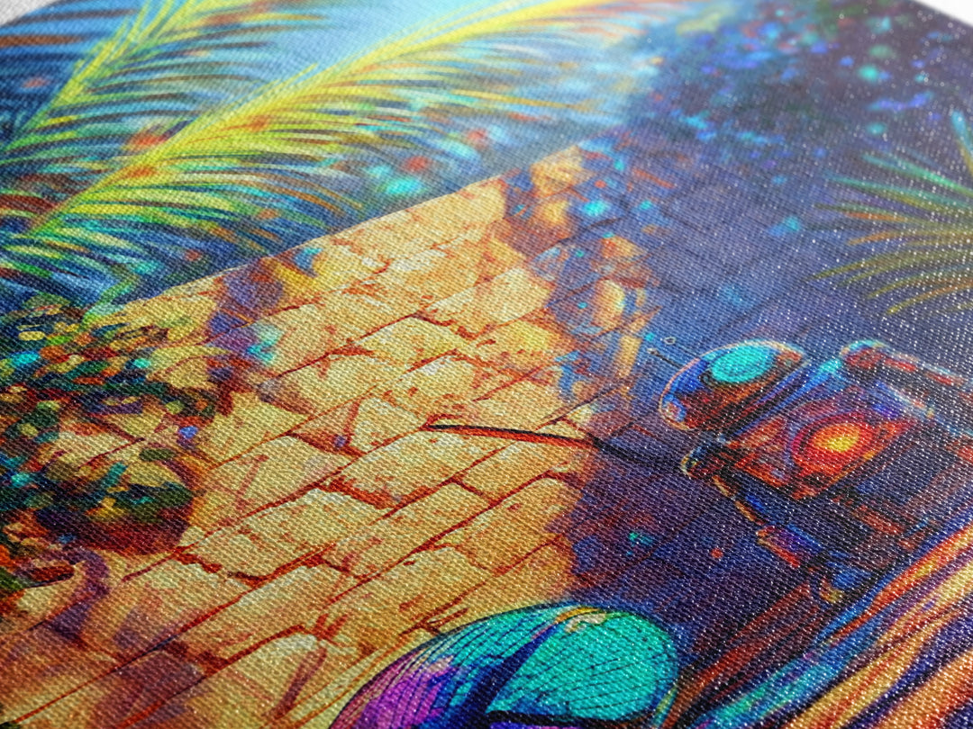 Tiny Robot With Yarn In Tropical Courtyard Canvas Print, Whimsical Sci Fi Wall Art, Futuristic Decor, Kids Room Art, Gift