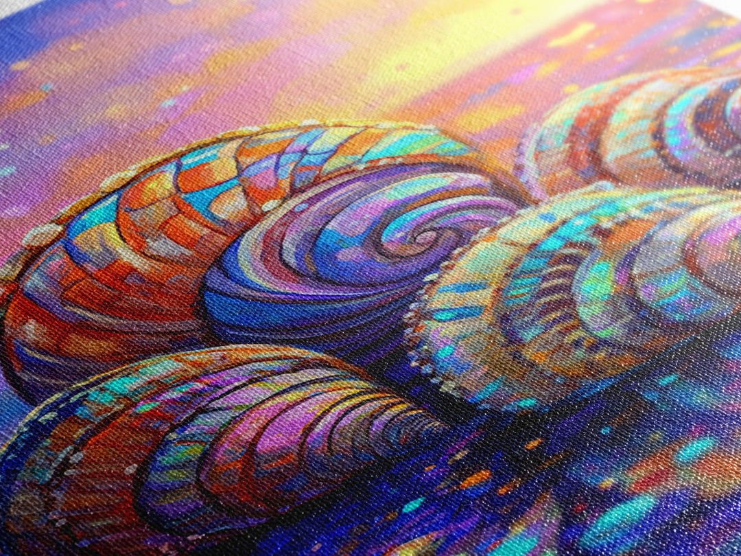 Rainbow Seashells On Sunset Shore Canvas Print, Coastal Wall Art, Beach House Decor, Ocean Wall Decor, Summer Gift For Her