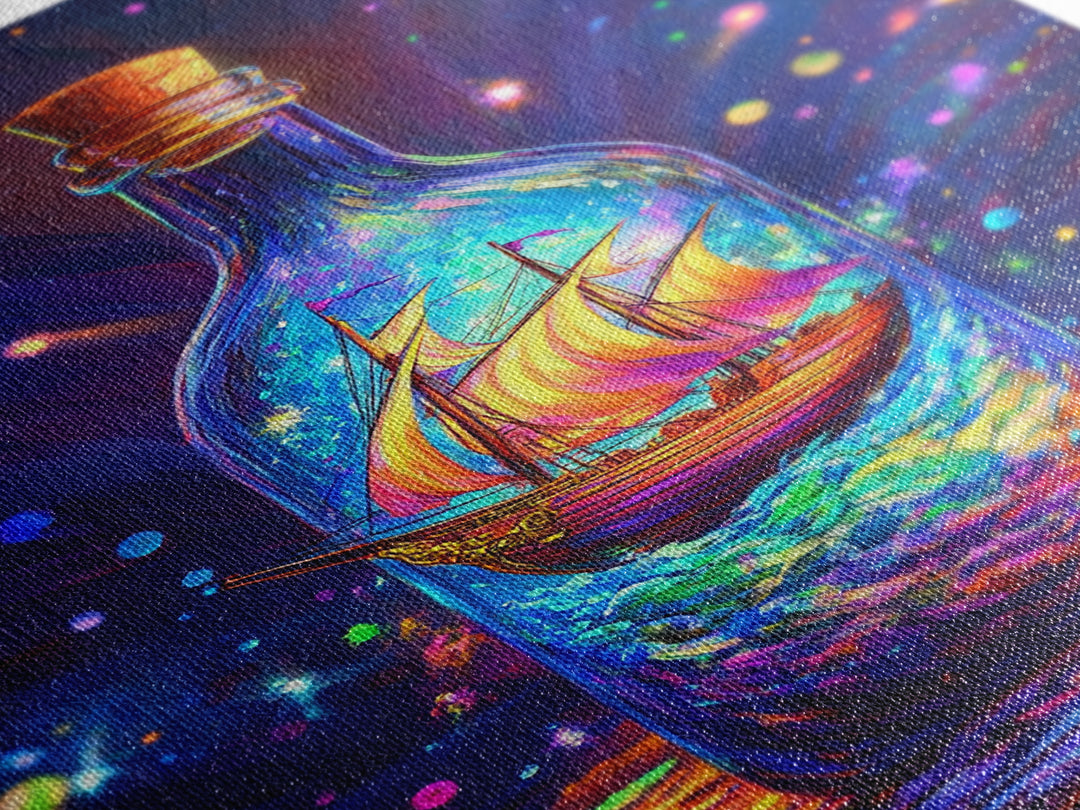 Glowing Ship In A Bottle Framed Canvas Print, Nautical Wall Art, Fantasy Ocean Decor, Coastal Gift For Him Or Her, Statement Artwork
