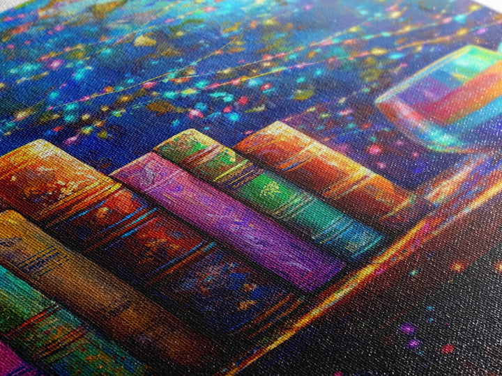 Cozy Books And Rainbow Mug Wall Art, Bookish Library Canvas Print, Reading Nook Decor, Gift For Book Lover, Cozy Home Decor