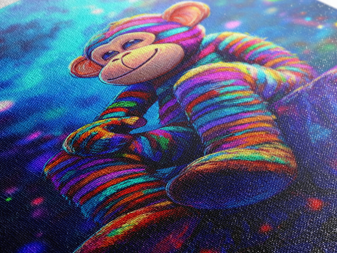 Rainbow Sock Monkey On Rock Wall Art, Whimsical Animal Canvas Print, Cute Nursery Decor, Kids Room Decor, Playroom Wall Decor