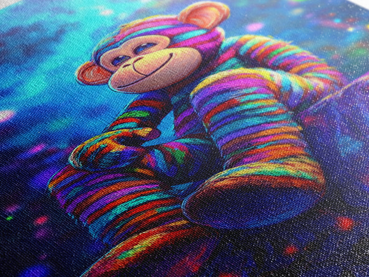 Rainbow Sock Monkey On Rock Wall Art, Whimsical Animal Canvas Print, Cute Nursery Decor, Kids Room Decor, Playroom Wall Decor
