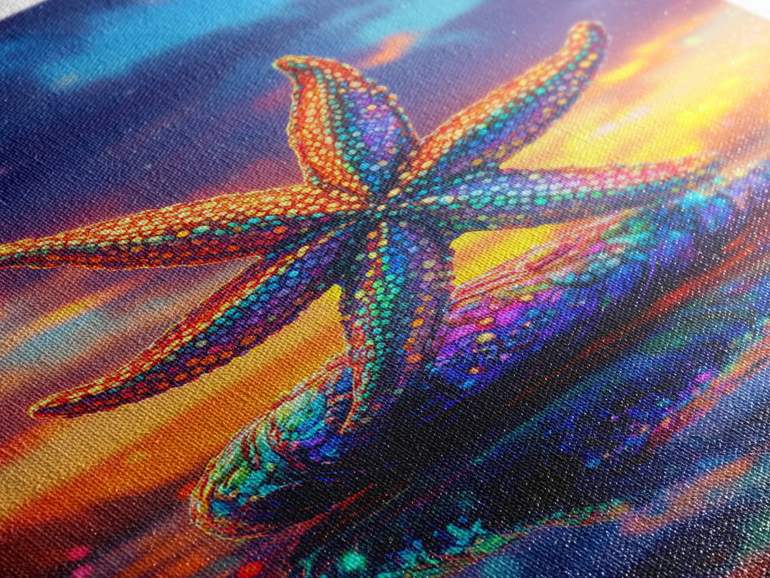 Beaded Rainbow Starfish On Shell At Sunset Canvas Print, Coastal Wall Art, Ocean Decor, Beach House Art, Gift For Her, Summer Decor