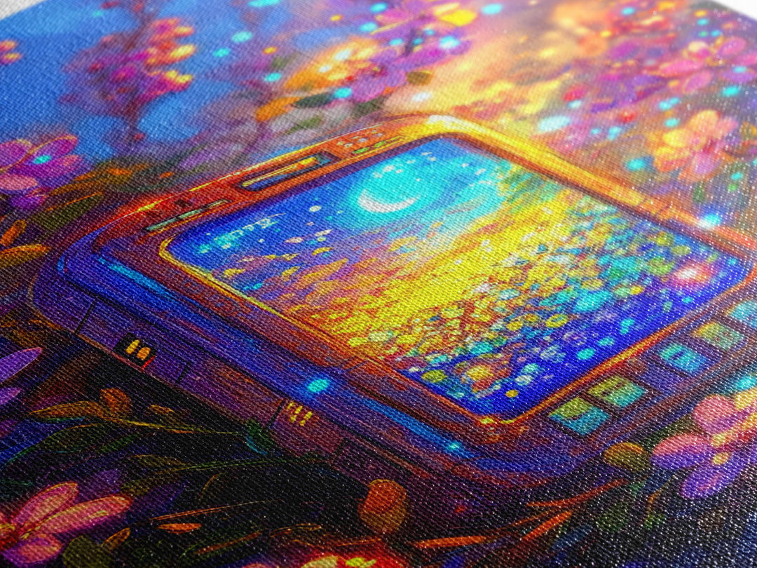 Glowing Phone Among Cherry Blossoms And Moon Wall Art, Celestial Floral Fantasy Canvas Print, Whimsical Nursery Decor Gift