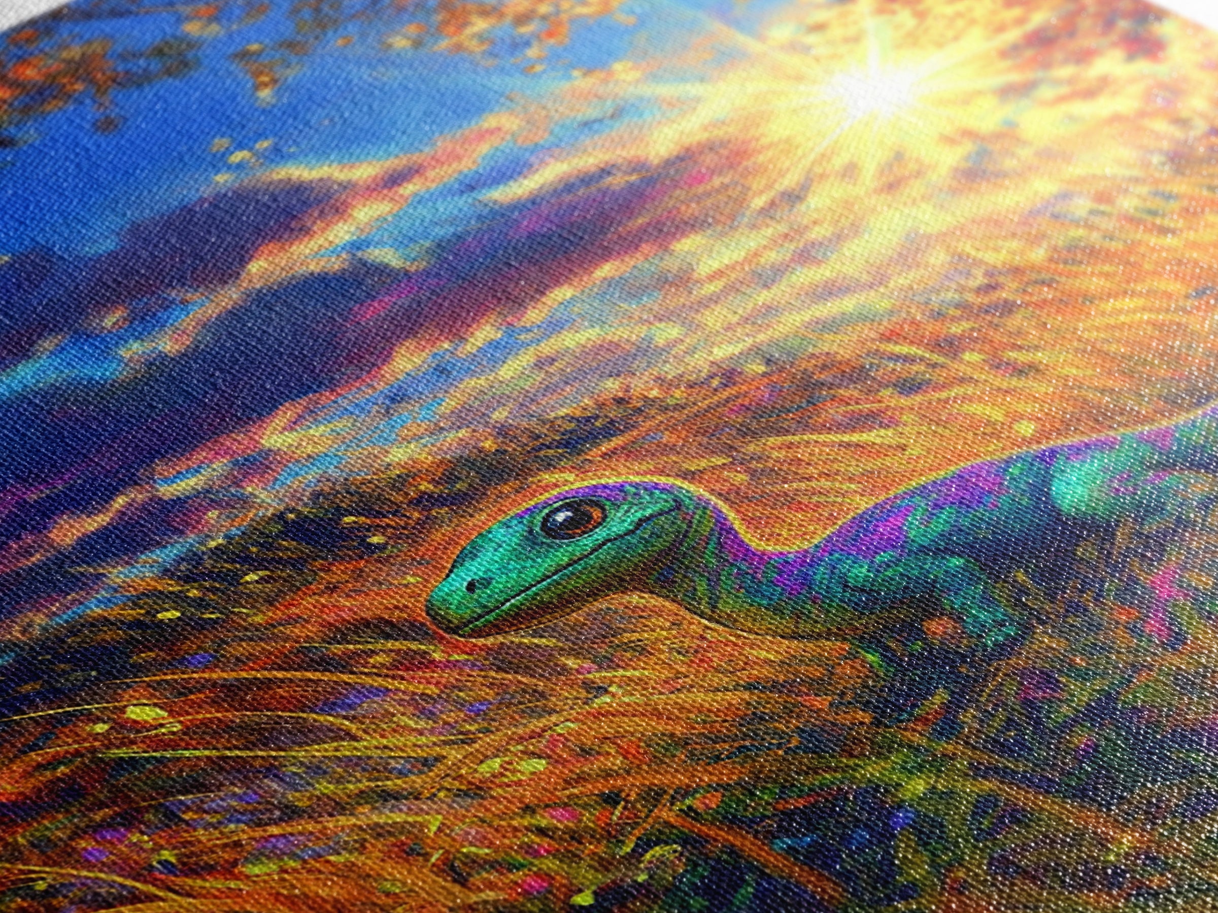 Cute Baby Dinosaur In Golden Meadow Wall Art, Colorful Safari Nursery Canvas Print, Whimsical Kids Room Decor, Unique Gift