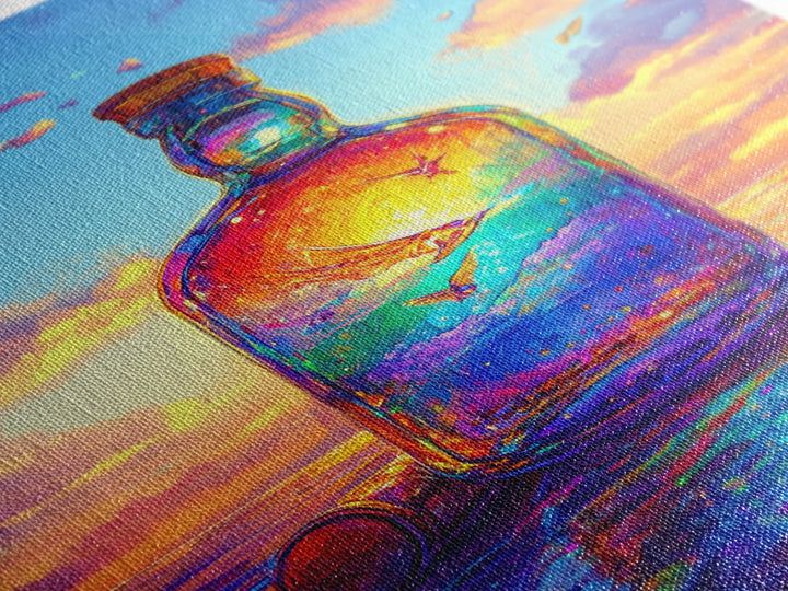 Sunset Ocean In Glass Bottle Wall Art, Surreal Seascape Art Print, Coastal Beach House Decor, Whimsical Canvas Print Gift