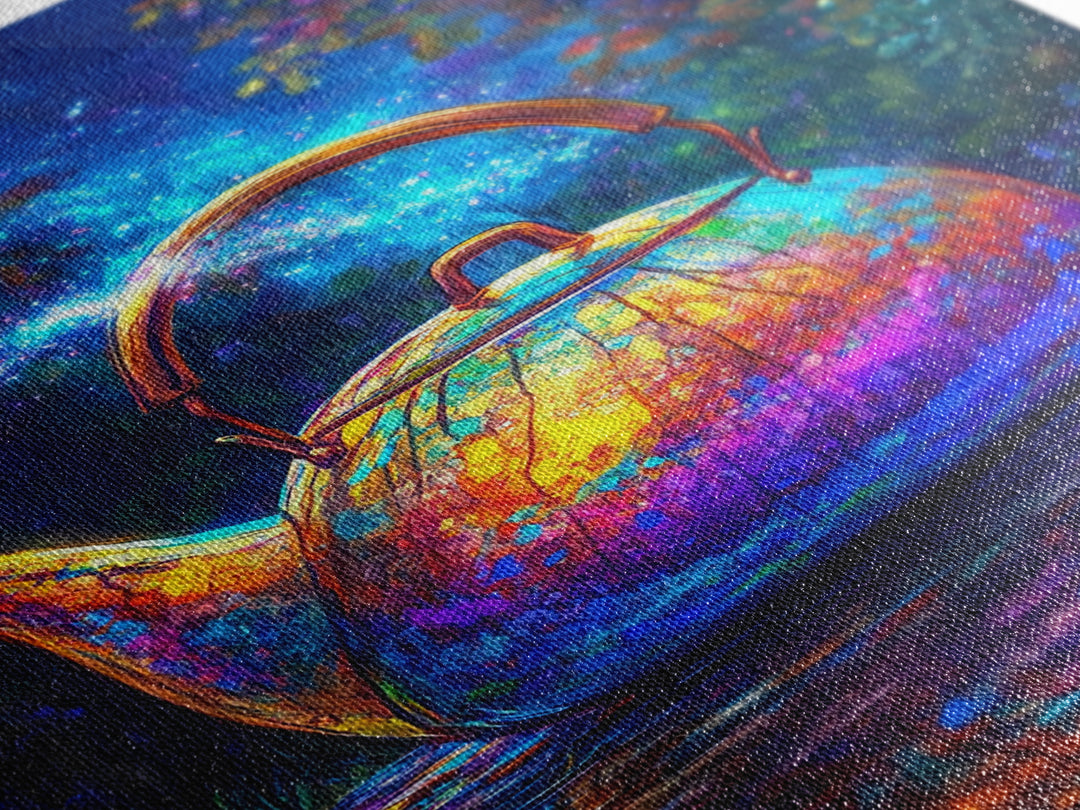 Cosmic Rainbow Teapot Under Stars Canvas Print, Whimsical Kitchen Wall Art, Unique Tea Lover Gift, Colorful Home Decor Print