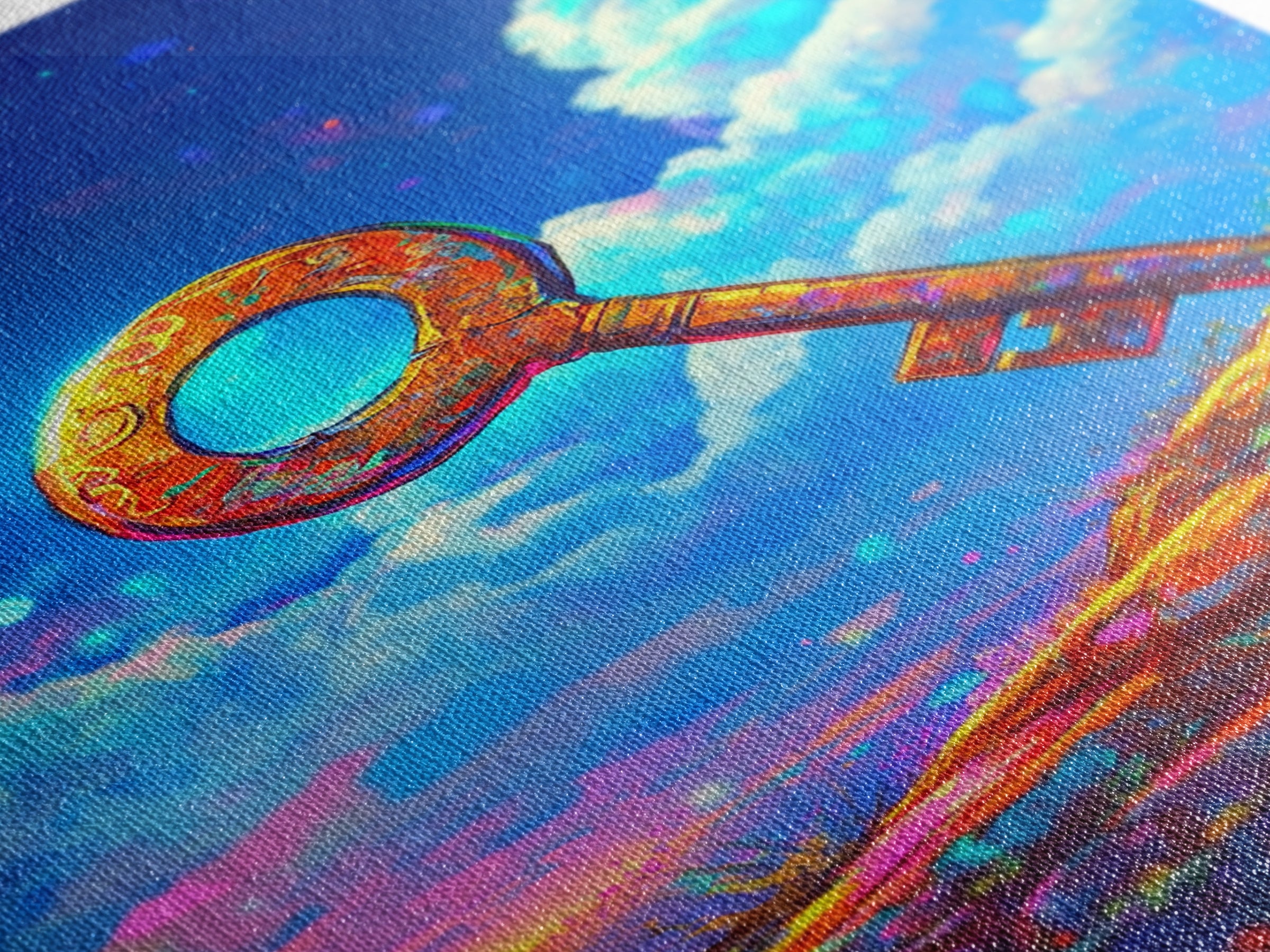 Golden Key On Dreamy Hilltop Canvas Print, Whimsical Wall Art, Fantasy Decor, Celestial Art, Unique Gift, Kids Room Decor