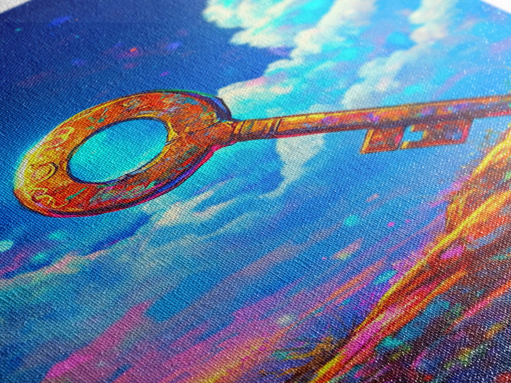 Golden Key On Dreamy Hilltop Canvas Print, Whimsical Wall Art, Fantasy Decor, Celestial Art, Unique Gift, Kids Room Decor