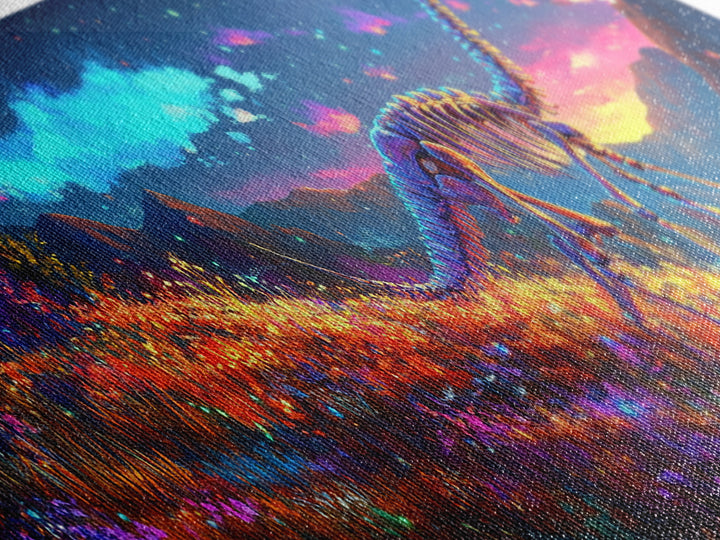 Glowing Dinosaur Skeleton In Mountain Meadow Canvas Print, Fantasy Wall Art, Landscape Art, Colorful Wall Decor, Kids Room Art