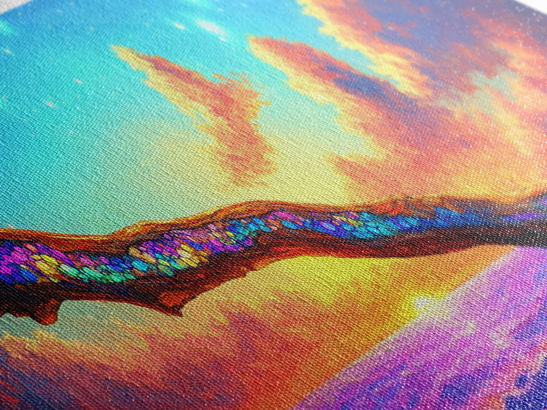 Glittering Branch Over Sunset Ocean Framed Canvas Print, Coastal Wall Art, Seascape Art, Beach House Decor, Summer Vibes