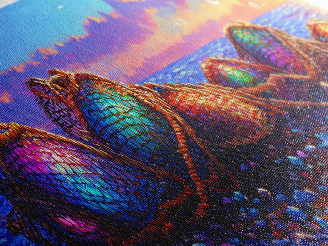 Rainbow Fishing Nets On Pebble Shore Framed Canvas Print, Coastal Wall Art, Beach House Decor, Nautical Living Room Decor