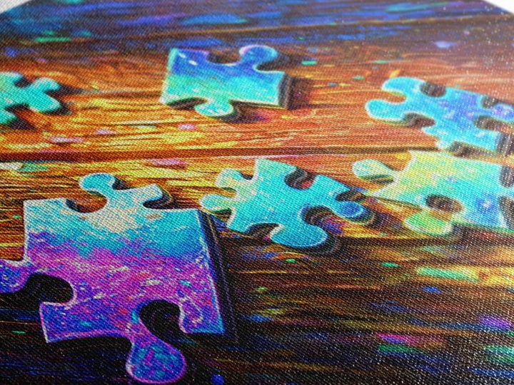 Rainbow Puzzle Pieces On Wood Table Canvas Print, Game Room Wall Art, Colorful Abstract Art, Playroom Decor, Unique Gift