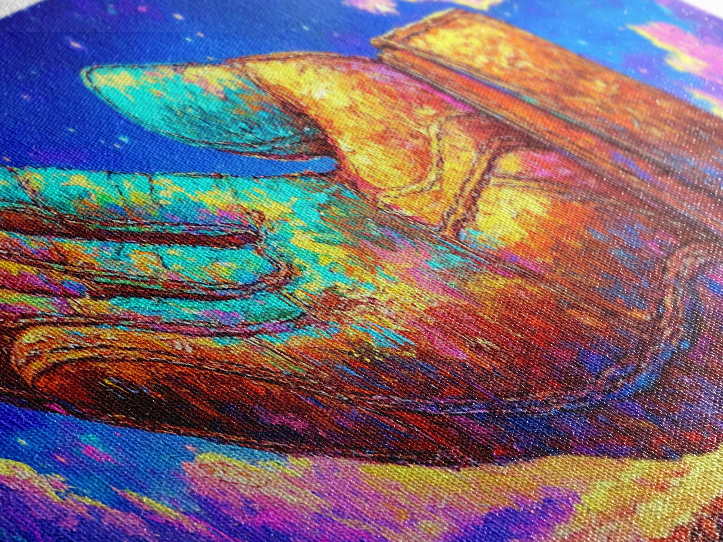 Surreal Leather Glove Floating In Starry Sky Canvas Print, Whimsical Fantasy Wall Art, Colorful Dream Decor, Unique Gift