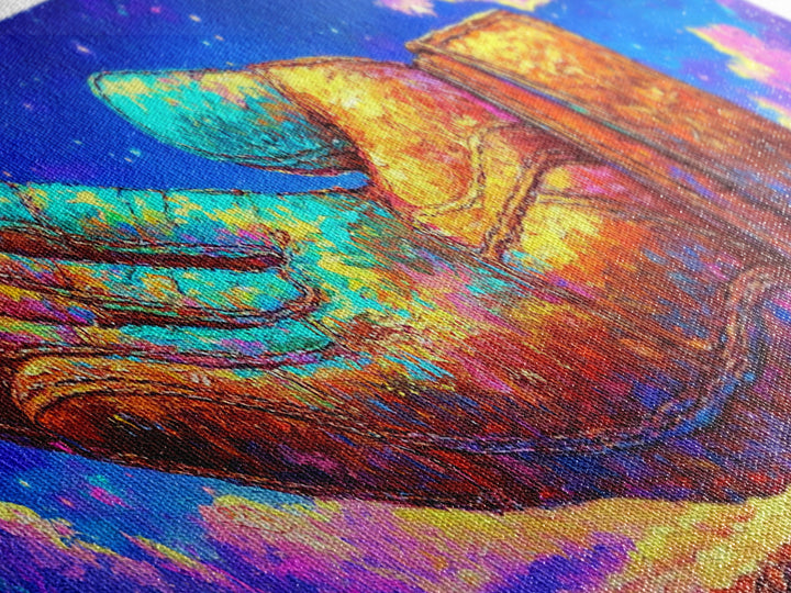 Surreal Leather Glove Floating In Starry Sky Canvas Print, Whimsical Fantasy Wall Art, Colorful Dream Decor, Unique Gift