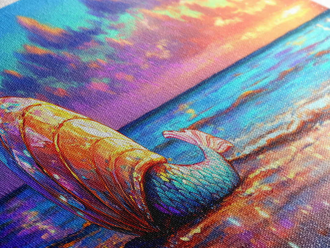 Glowing Seashell Mermaid Tail Wall Art, Coastal Canvas Print, Beach House Decor, Ocean Sunset Art For Nautical Nursery Room