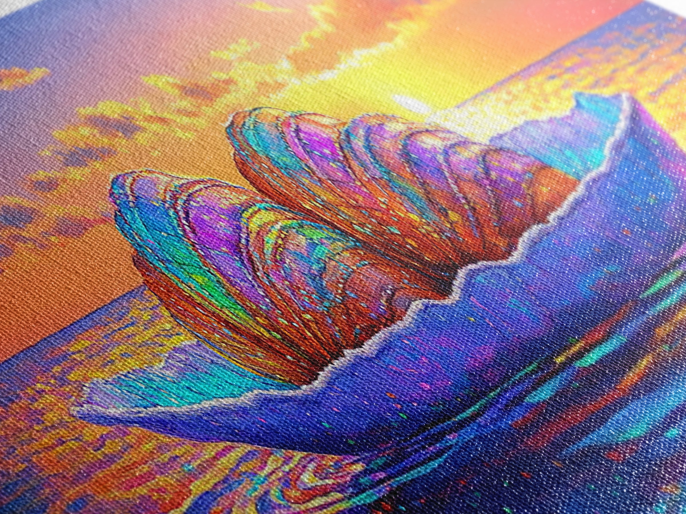 Rainbow Seashells On Ocean Leaf Canvas Print, Coastal Wall Art, Beach House Decor, Seascape Art Print, Blue Ocean Wall Decor