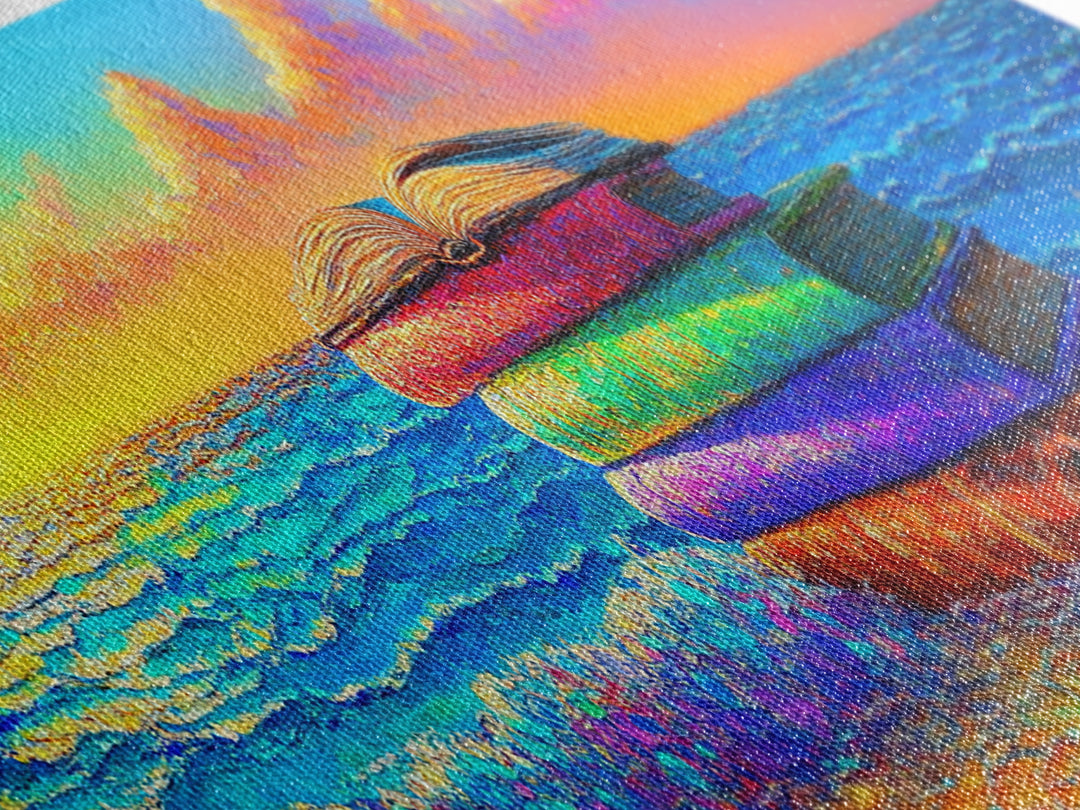 Stacked Beach Towels Beside Turquoise Waves Canvas Print, Coastal Wall Art, Beach House Decor, Summer Wall Decor, Gift For Her