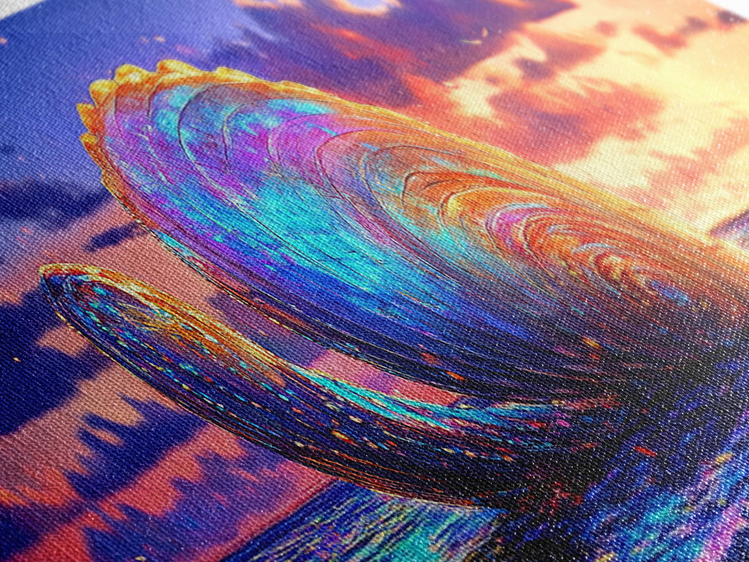 Giant Iridescent Seashell At Ocean Sunset Wall Art, Coastal Canvas Print For Beach House Living Room Decor And Nautical Gift