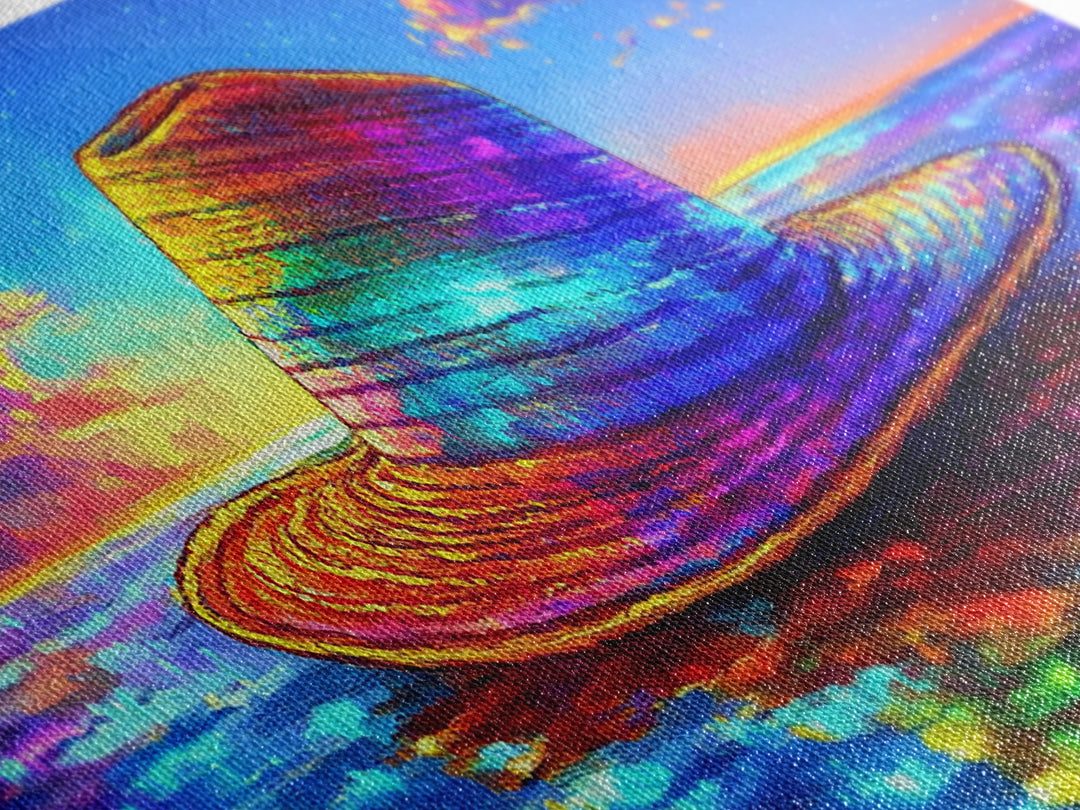 Rainbow Straw Hat Floating On Sunset Ocean Wall Art, Colorful Beach Decor, Coastal Canvas Print, Summer Vacation Poster Art